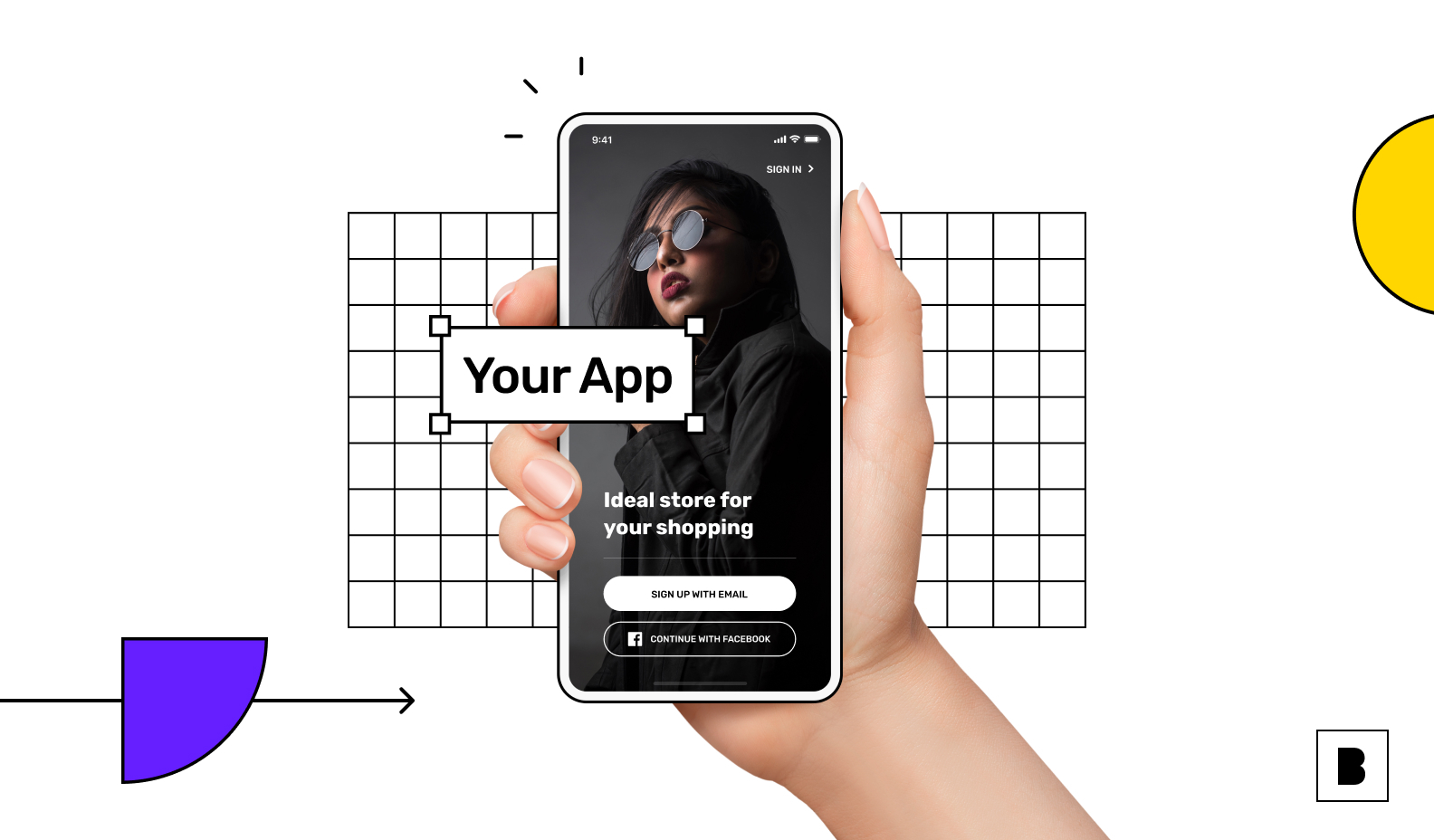 Mobile app illustration with login screen