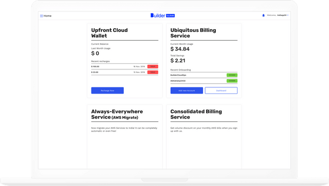 Builder Cloud dashboard with monthly expenditure and recharges
