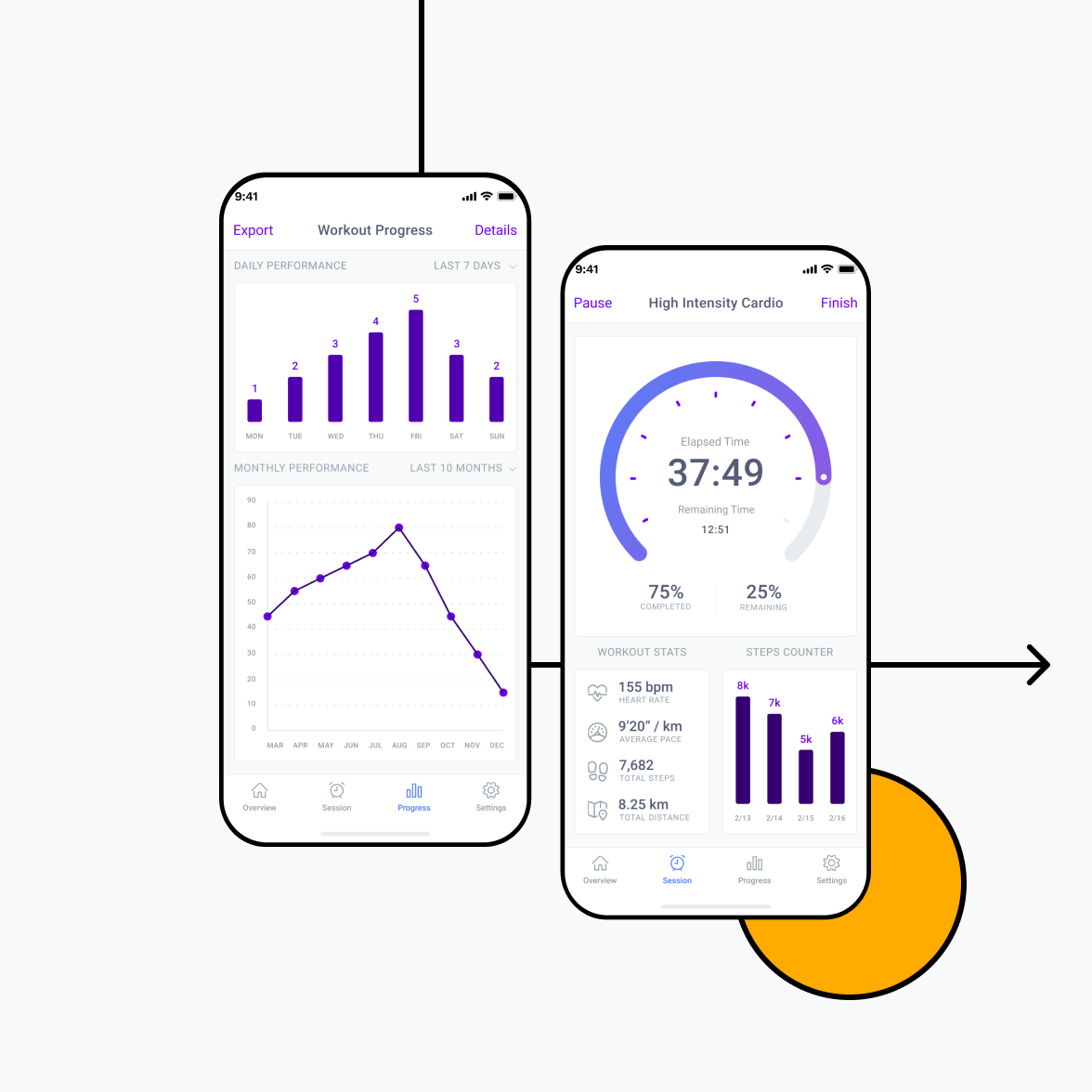 Fitness app screens with workout progress and timer