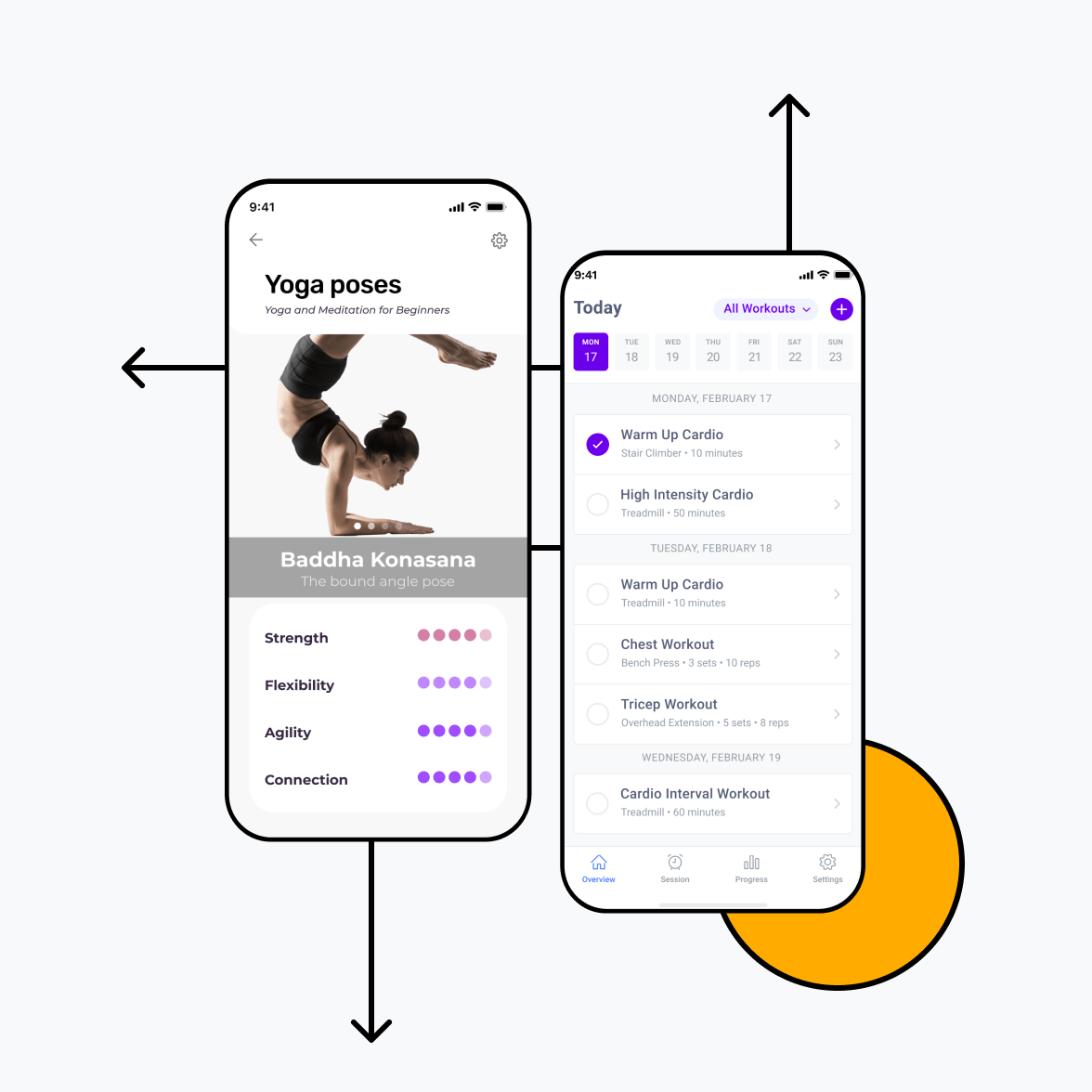Fitness app screens with yoga poses and schedule