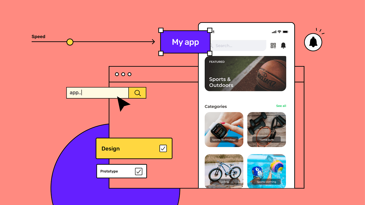 Mobile app screen with design illustration and icons
